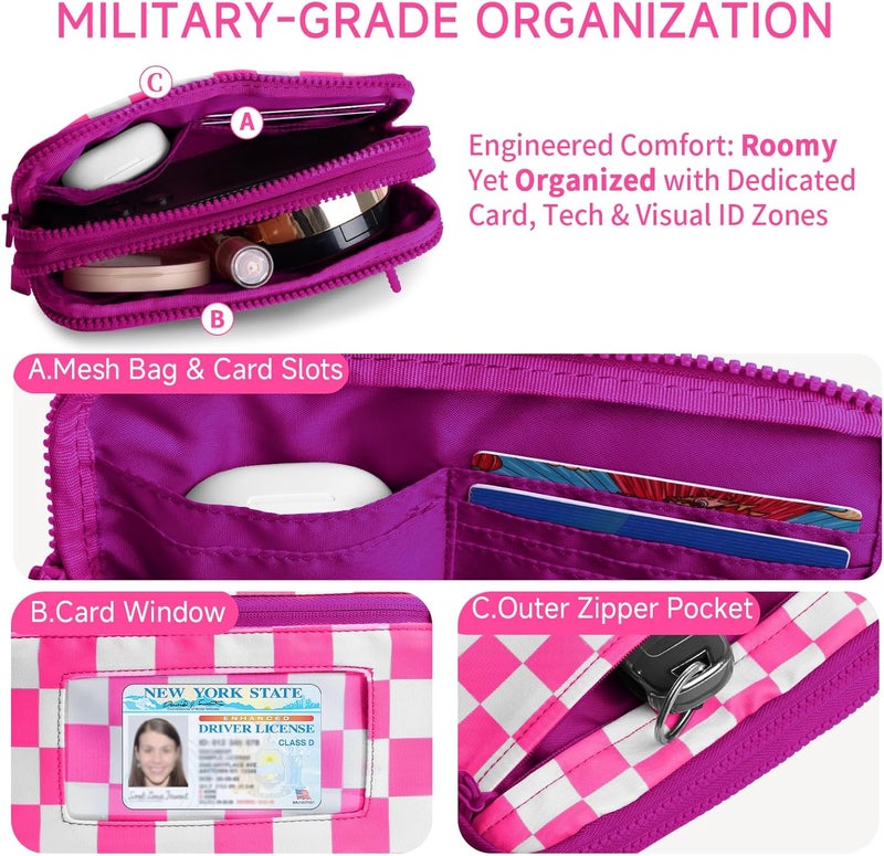 NBERMOTION Checkered Nylon Wristlet Wallets for Women RFID Blocking Purse With Credit Card Holder & Crossbody Strap - Image 3
